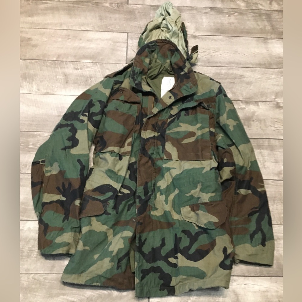 Army Camo Camouflage Cold Weather Winfield MFG Mens Coat Jacket Vintage XS Long